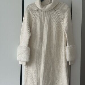 Saks Fifth Avenue Cream Turtleneck Sweater with Fur Cuffs